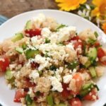 Simple gluten-free and vegetarian Mediterranean quinoa salad.