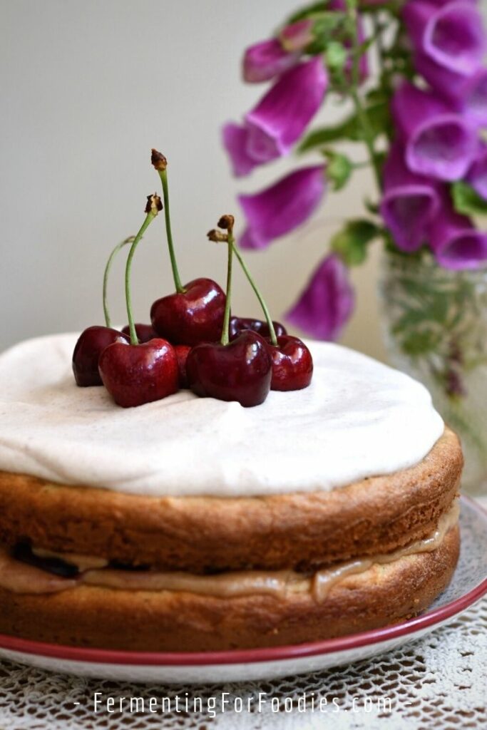 Gluten-free buttermilk cake with cherries and cream