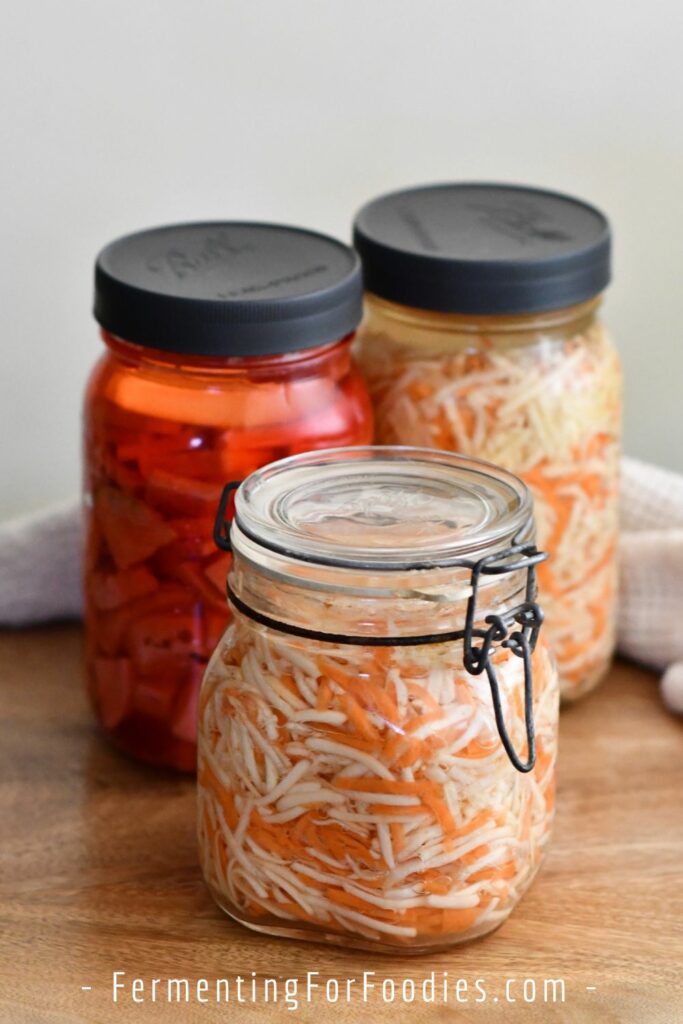 Three jars of fermented vegetables