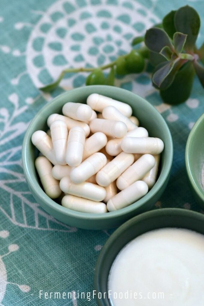 A bowl of probiotic pills and a bowl of yogurt
