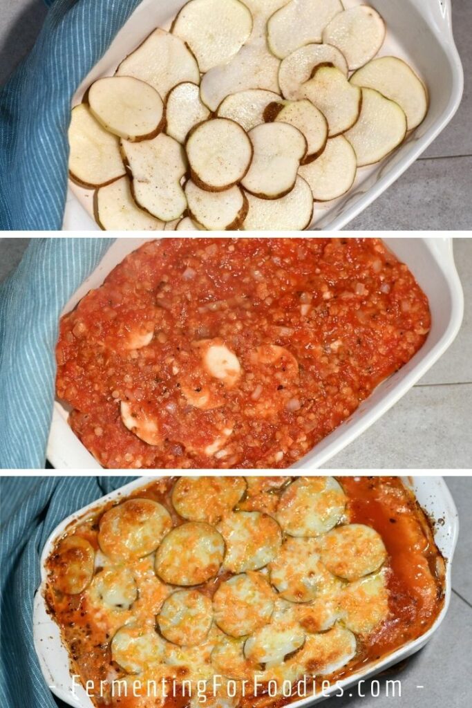 Potatoes layered with tomato sauce and cheese